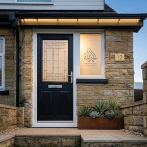 Black front door with a frosted side window featuring Arabic calligraphy, set in a stone house with LED porch lighting.
