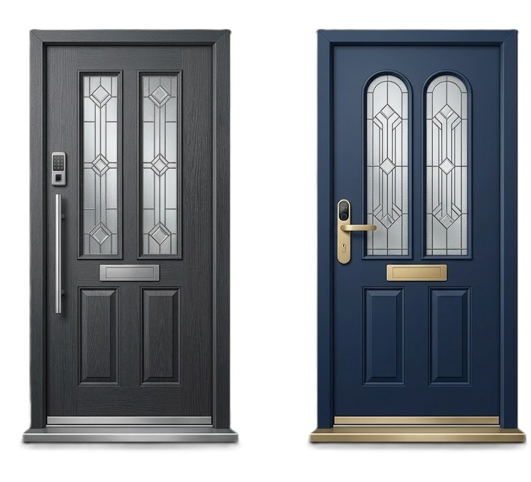 Modern dark grey and midnight blue front doors. Feature integrated smart locks, digital keypads, and ornate frosted glass.